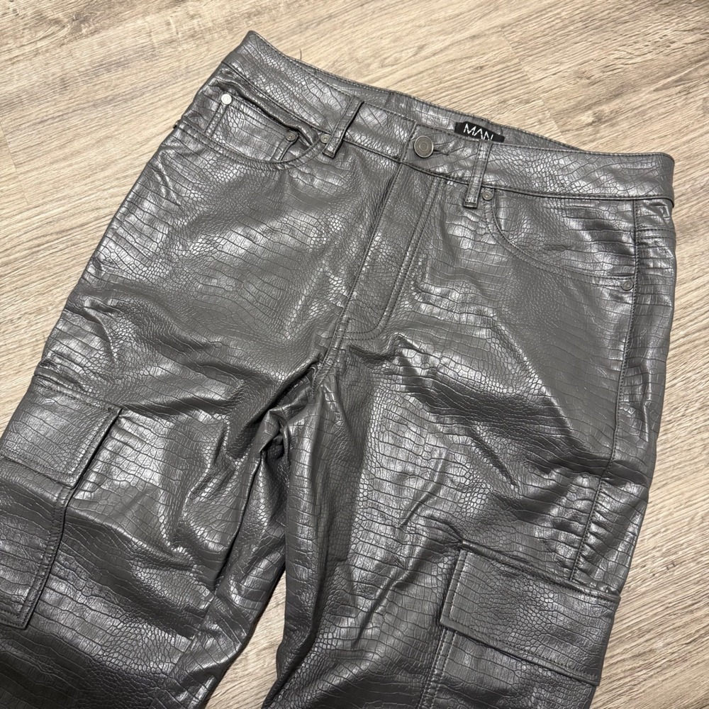 boohooMAN Mens Grey Croc Embossed Faux‎ Leather Cargo Pants Size 32 Straight Leg